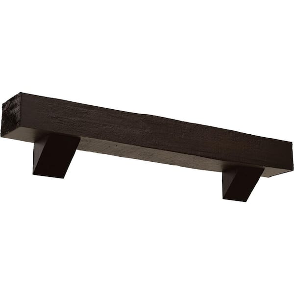 Ekena Millwork 4 in. x 6 in. x 7 ft. Rough Cedar Faux Wood Fireplace Mantel Kit with Breckinridge Corbels, Natural Mahogany