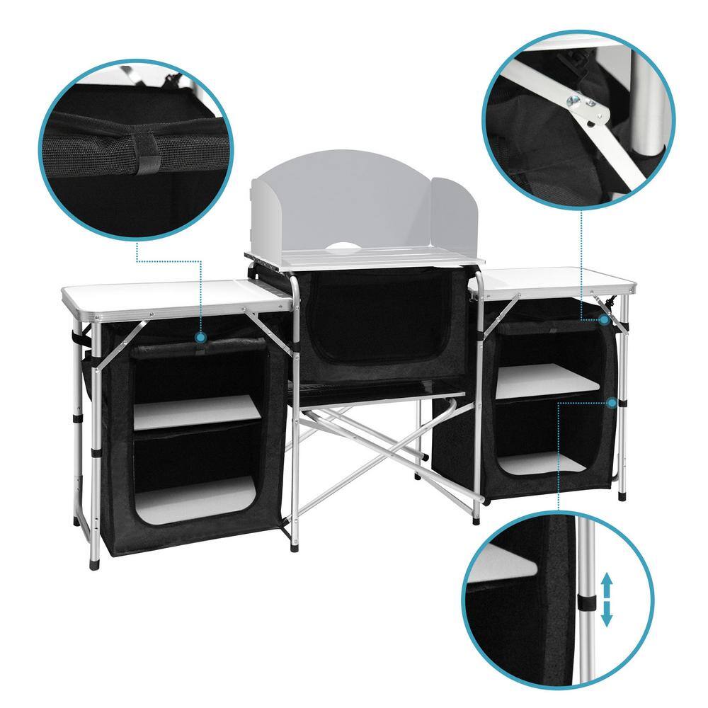 Aluminum Portable Camping Kitchen Table with Windscreen and Storage