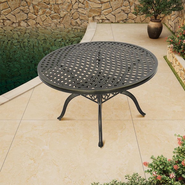 Clihome 47 in. Cast Aluminum Patio Round Dining Table with Umbrella Hole in Bronze