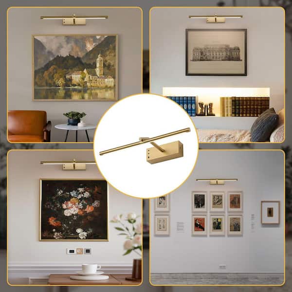 15.5 in. Dimmable LED Picture Light with Remote Control and Swivel, Brass Artwork Lighting for Walls