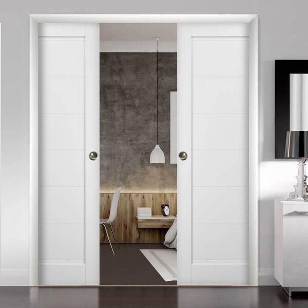 56 in. x 84 in. Single Panel White Solid MDF Sliding Door with Double Pocket Hardware