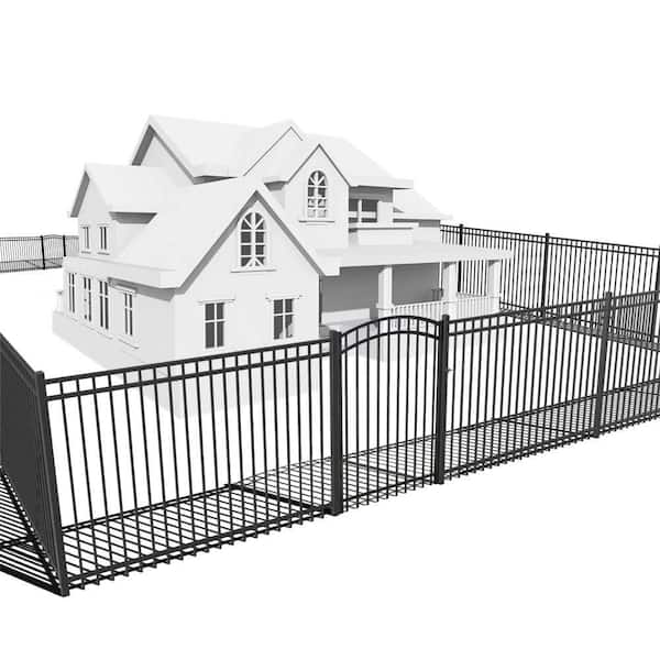 4 ft. x 8 ft. Black Steel Spaced Bar Flat Top Metal Fence Panel with Arched Fence Gate(Set of 76 ft. )