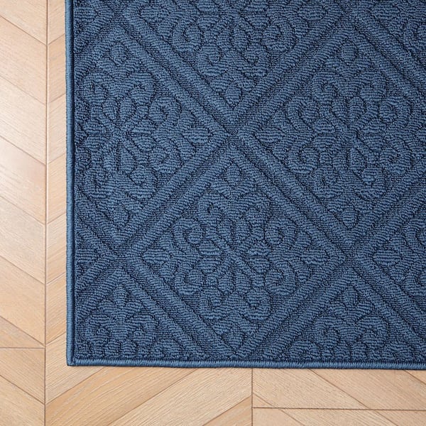 Austell Solid 2 ft. x 6 ft. Dusty Navy Geometric Runner Rug