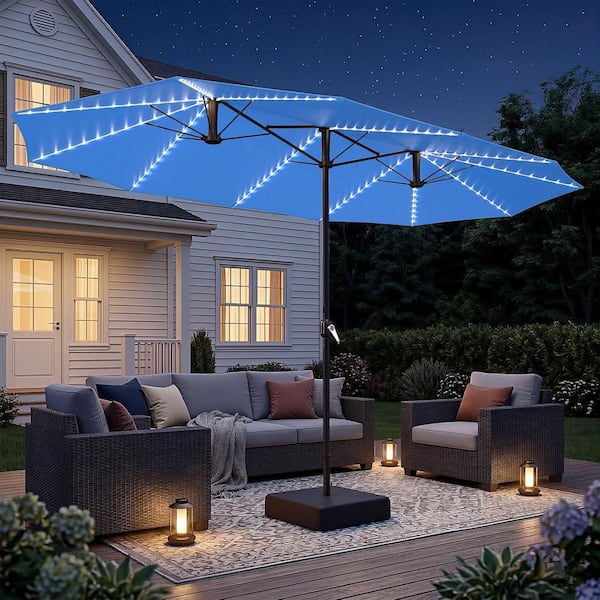 blue sunbrella umbrella for patio by garden oasis AECOJOY 15 ft. Outdoor Double Sided Market Patio Umbrella with Base, Solar  Lights and Crank Handle in Dark Blue 19055DL_HD01
