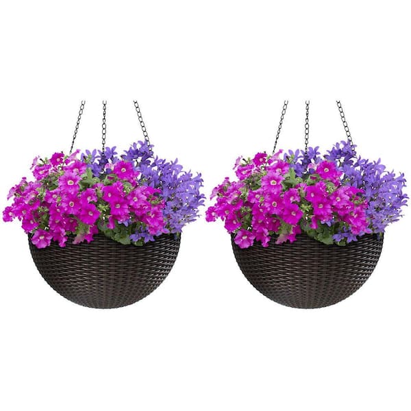 Large Hanging Planter Round Self-Watering Basket Resin Woven Wicker Style (2-Pack)