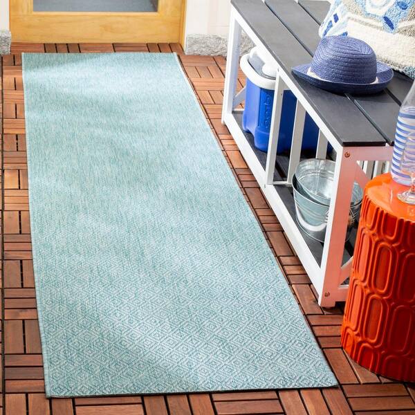 Courtyard Aqua 2 ft. x 22 ft. Ikat Solid Indoor/Outdoor Patio  Runner Rug