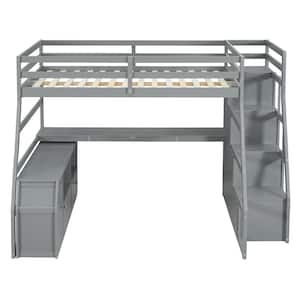 Full Size Loft Bed with 7 Drawers 2 Shelves and Desk - Gray