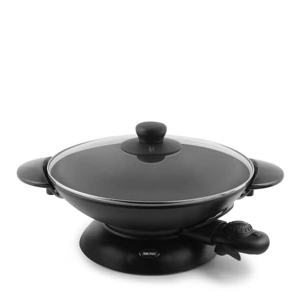AROMA 5 Qt. Black Cast Metal Non-Stick Electric Wok with Lid