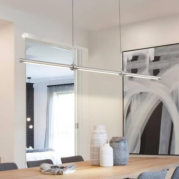 Neculina 3-Light 47 in. Integrated LED Brushed Nickel Hanging Kitchen Island Pendant Light Linear Chandelier