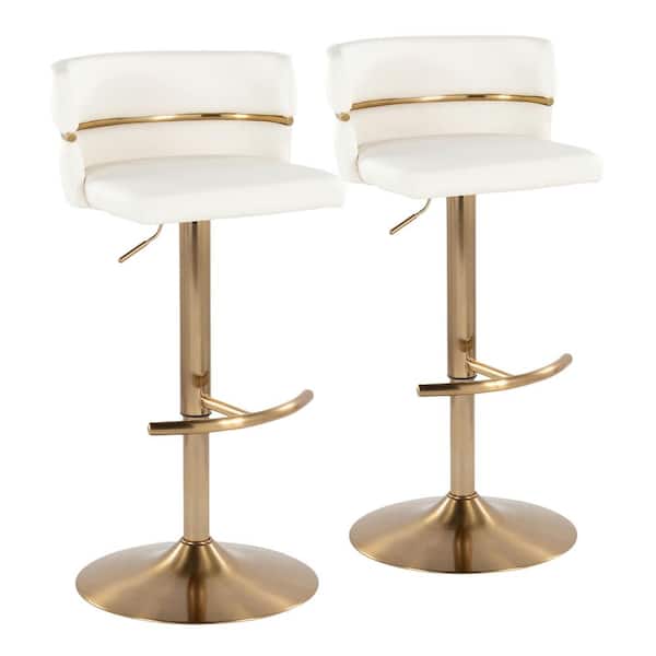 Lumisource Cinch 32.5 in. White Faux Leather and Gold Metal Adjustable Bar Stool with Rounded T Footrest (Set of 2)