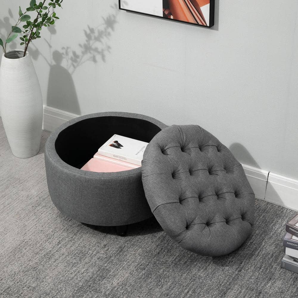 Vintage Round Tufted Linen-Feel Storage Ottoman in Grey