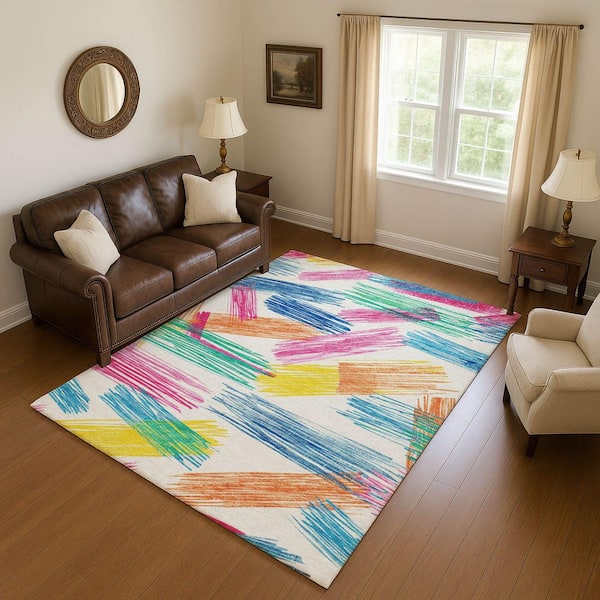 Mayfield Premium Machine Washable Abstract AMF1696 White 5 ft. x 7 ft. 6 in. Area Rug