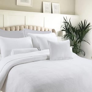 Square Diamond Maze Crisp Clean Solid Chic 2-Piece White Cotton Twin Quilt Bedding Set