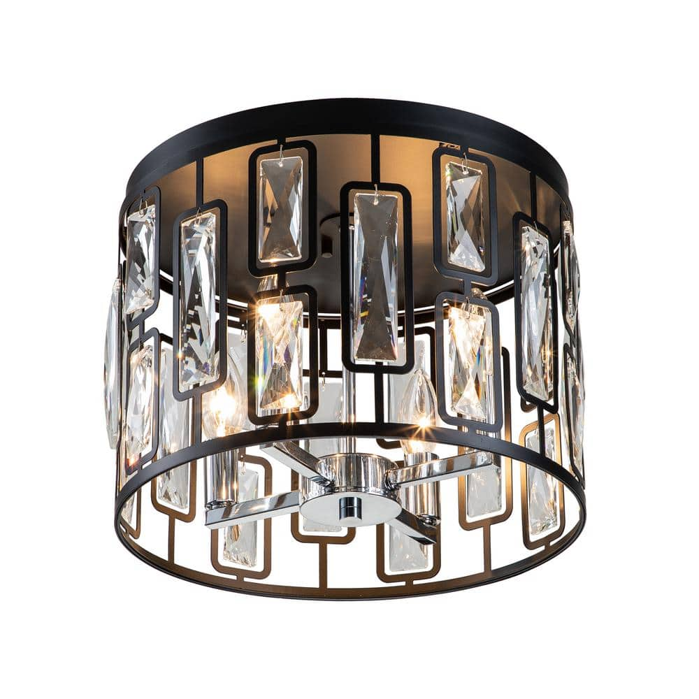 C Cattleya 13 in. 4-Light Black Flush Mount with Clear Crystals