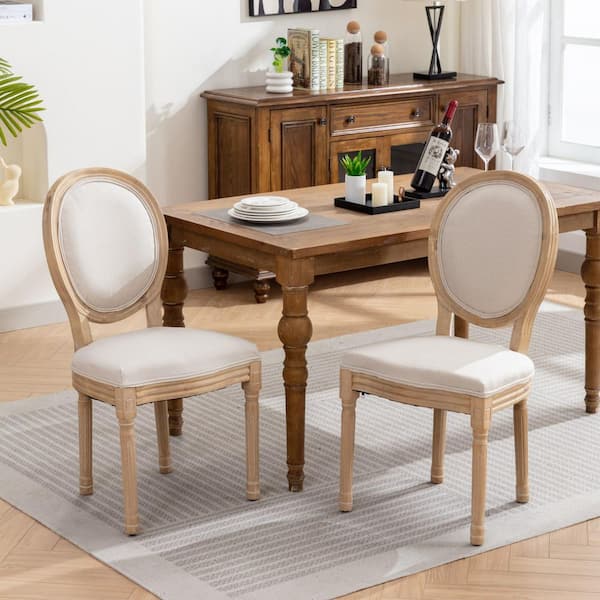 Prunella Beige French Style Solid Wood Upholstered Fabric Dining Chairs (Set of 2) with Linen Fabric Back