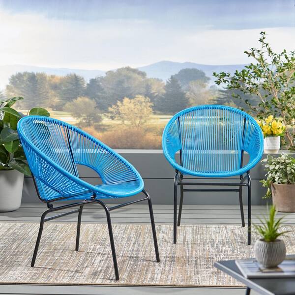 Blue Metal Rattan Outdoor Lounge Chairs, Patio Weave Club