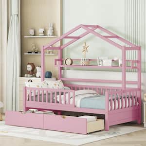 Pink Wood Frame Twin Size House Platform Bed with 2-Drawer, Long Shelf and Full-Length Fence Guardrails
