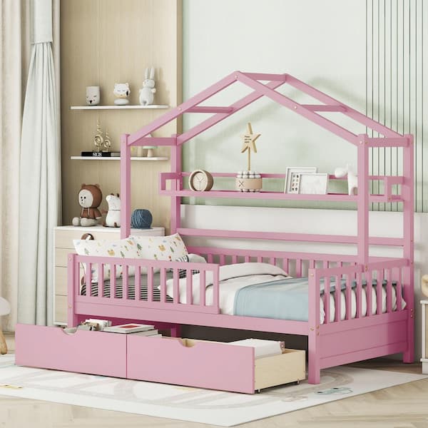 Harper & Bright Designs Pink Wood Frame Twin Size House Platform Bed ...