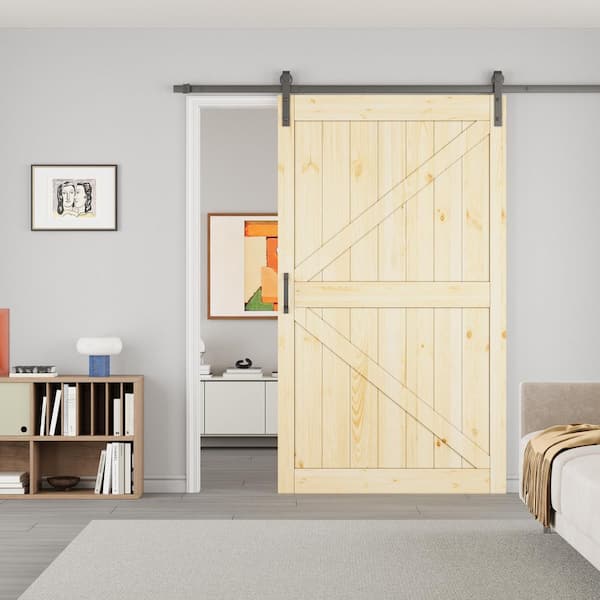 48 in. x 84 in. K-Shape Solid Core Pine Wood Unfinished Sliding Barn Door Slab with Hardware Kit