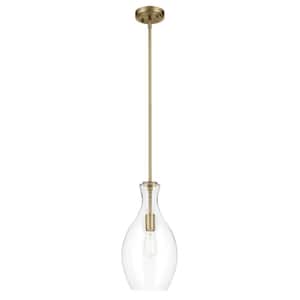 Everly 17.75 in. 1-Light Natural Brass Modern Shaded Bell Kitchen Hanging Pendant Light with Clear Seeded Glass