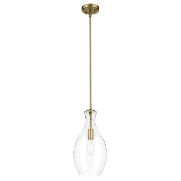 KICHLER Everly 17.75 in. 1-Light Natural Brass Modern Shaded Bell Kitchen Hanging Pendant Light with Clear Seeded Glass