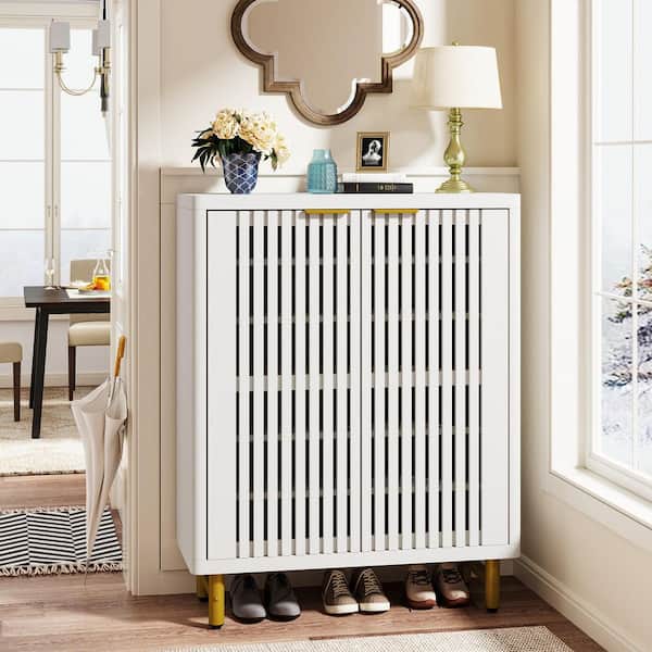 Lauren 43.31 in. H x 33.46 in. W White Wood Shoe Storage Cabinet with Doors and Adjustable Shelves, 24 Pairs