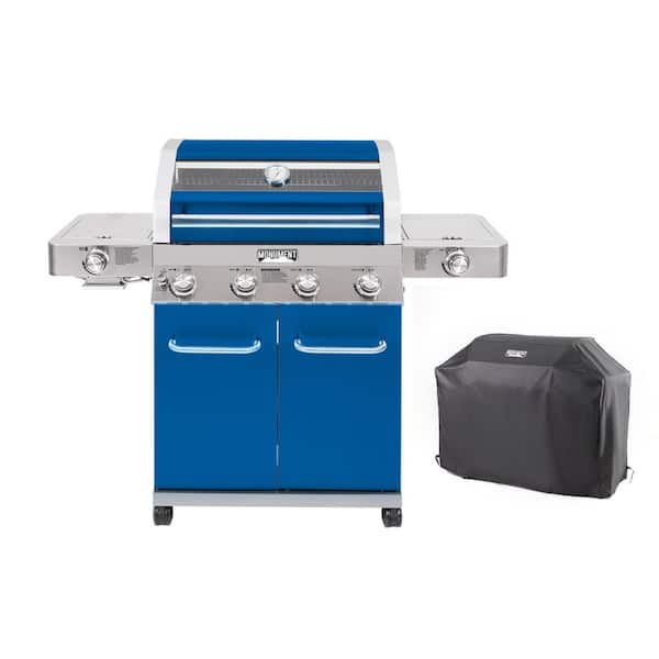 4-Burner Propane Gas Grill in Blue with Grill Cover, Clear View Lid, LED Controls, Side and Sear Burners