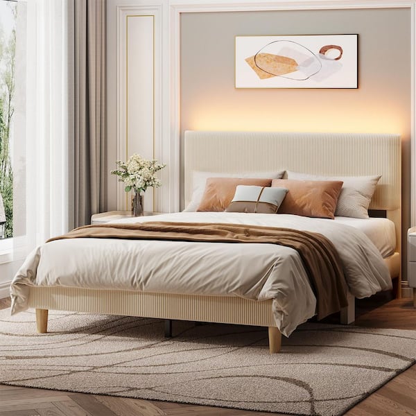 Beige Wood Frame Queen Platform Bed Upholestered Headboard with LED Lights
