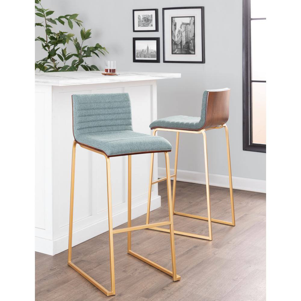Set of 2 Gray Upholstered Barstools with Gold Metal Base