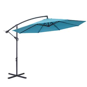 10 ft. Crank Lift Steel Offset Cantilever Outdoor Patio Umbrella in Lake Blue with 8 Solid Ribs (1 Cross Base Included)