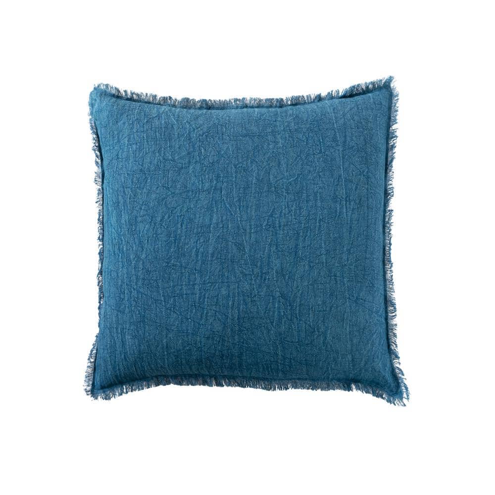 Creative Co-Op Square Stonewashed Linen Pillow with Fringe  Navy