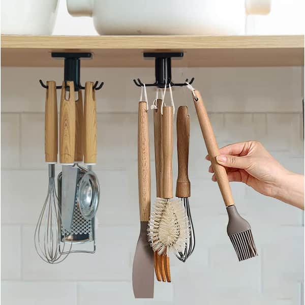 2-Pieces Rotating Adhesive Kitchen Utensil Hooks Under Cabinet Hanging Rack for Tools Towels Knives Black
