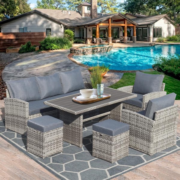 Tunearary 6-Piece Wicker PE Rattan Outdoor Sofa Sectional Set with Cushions Patio Coffee Table Grey