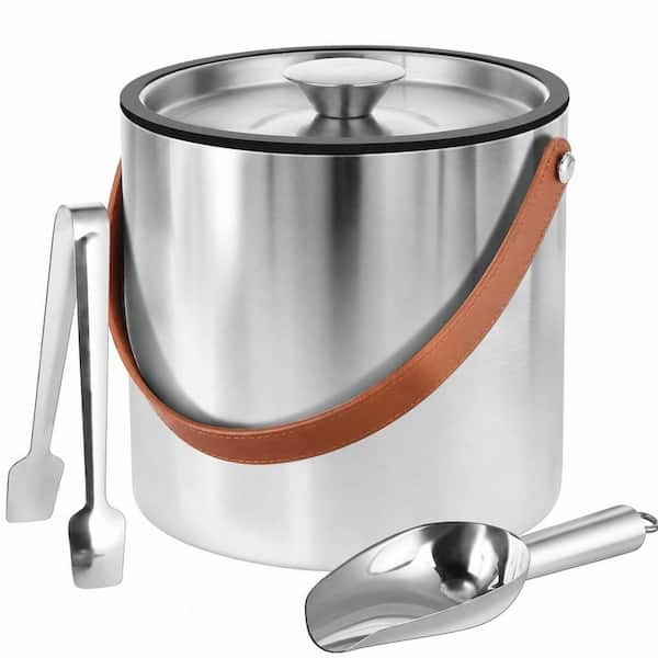 Silver Stainless Steel Double-Wall Vacuum Insulated Ice Bucket with Lid, Scoop, Ice Tong, Strainer, Leather Handle