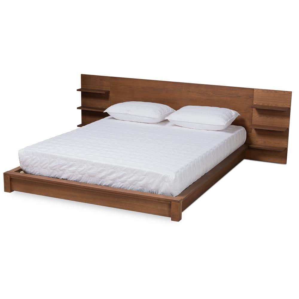 Walnut Brown Wood Queen Platform Storage Bed with Shelves