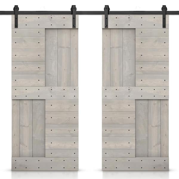 CALHOME 48 in. x 84 in. Silver Gray Stained DIY Knotty Pine Wood Interior Double Sliding Barn Door with Hardware Kit