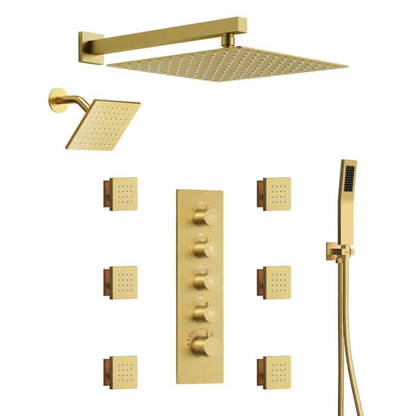 5 Handles Thermostatic Valve 14-Spray 16 in. x 6 in. 2. 5GPM Dual Wall Mount and Handheld Shower Head in Brushed Gold