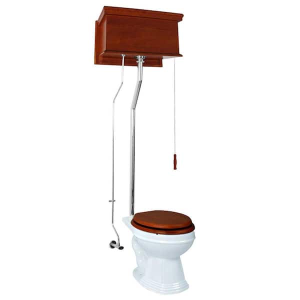 RENOVATORS SUPPLY MANUFACTURING Mahogany Wooden High Tank Pull Chain Toilet 2-Piece 1.6 GPF Single Flush Elongated Bowl in White with Chrome L Pipes