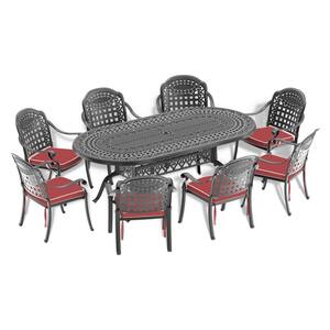 Vintage Cast Aluminum 9-Piece Outdoor Dining Set with 82.87 in. x 42.13 in. Oval Table and Random Color Cushions