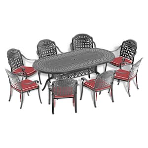 Isabella Black 9-Piece Cast Aluminum Outdoor Dining Set with Oval Table and Dining Chairs and Random Color Seat Cushion