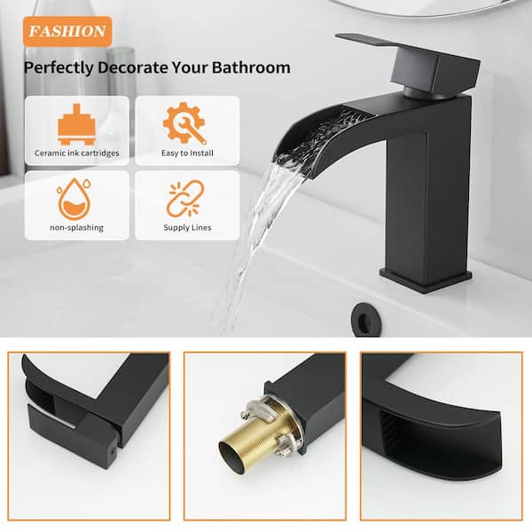 Single Handle Waterfall Single Hole Bathroom Faucet in Matte Black with Pop-Up Drain