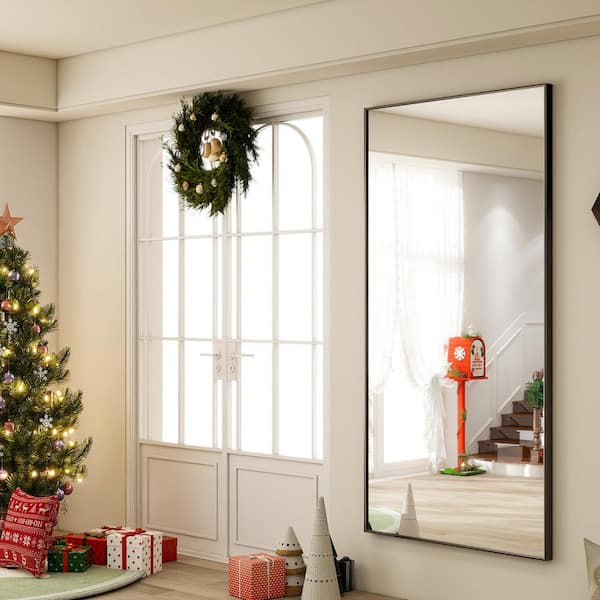 34 in. W x 76 in. H Rectangular Classic Black Aluminum Alloy Framed Full Length Mirror Standing Floor Mirror