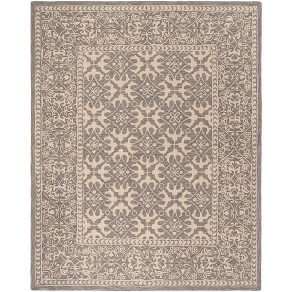Suzani 8 ft. x 10 ft. Gray/Beige Oriental Border Area Rug
