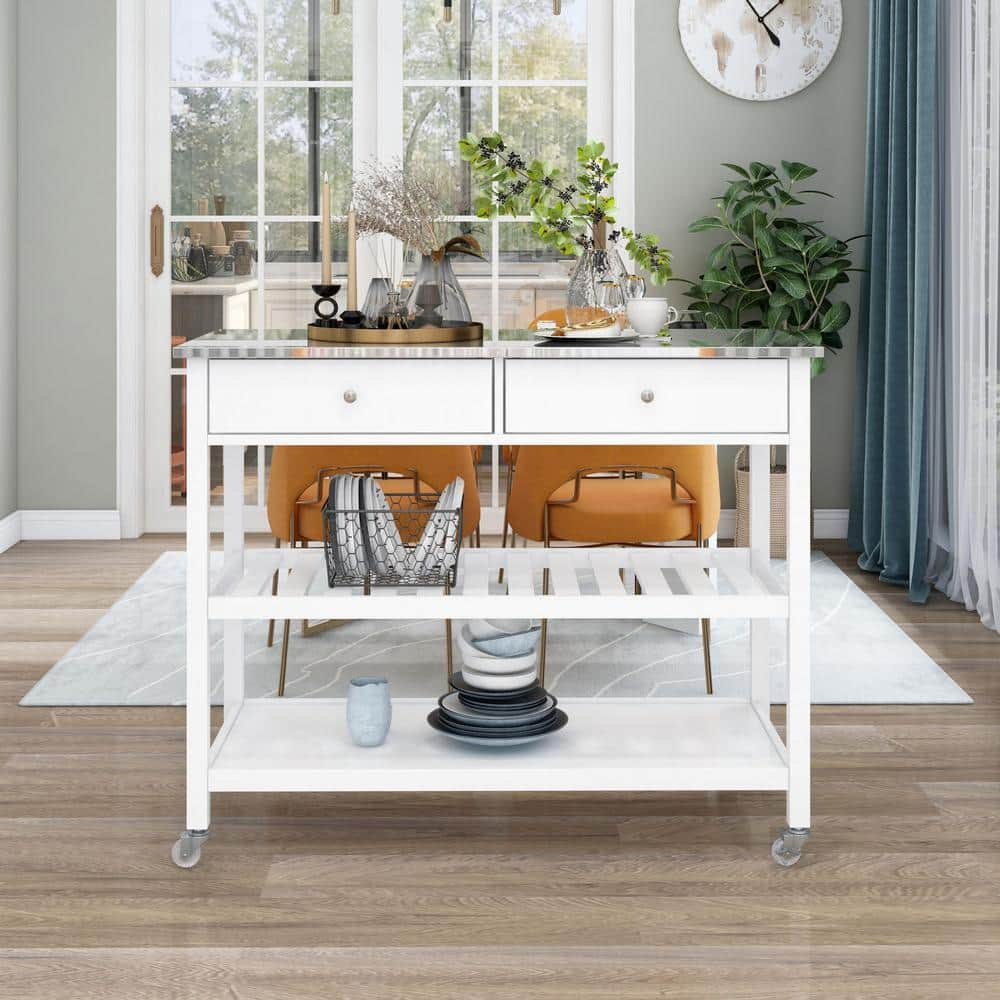 Movisa White Kitchen Island Cart With Stainless Steel Top And Locking   White Kitchen Carts Mvkic03 64 1000 