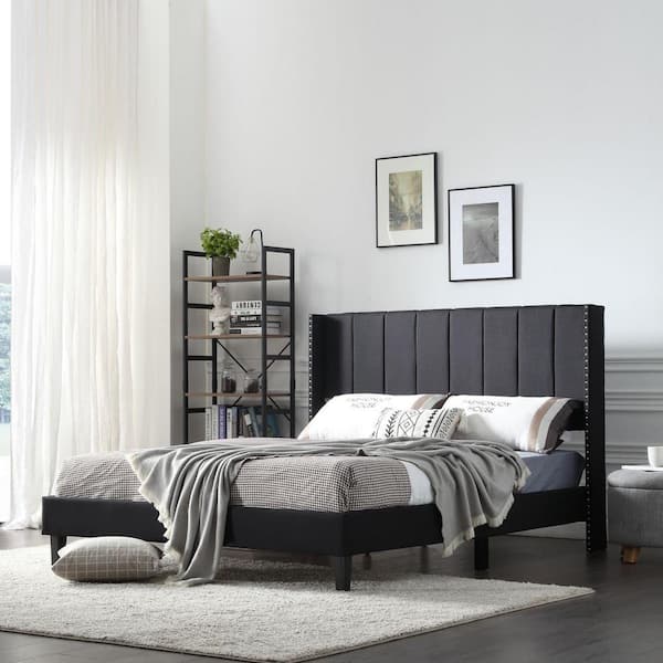 Seafuloy 78.3 in. L x 56.3 in. W Black Fabric and Slats Platform Bed with Headboard and Full Size