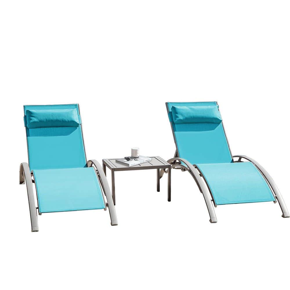 Pool Lounge Chairs Set of 3, Adjustable Aluminum Outdoor Chaise Lounge Chairs with Metal Side Table, Lake Blue price history on PriceWatchPro