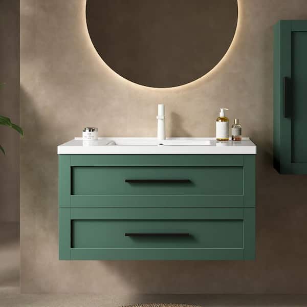 FAMYYT 36 in. Single Sink Floating Green Bath Vanity with White Ceramic Top with 2-Drawers