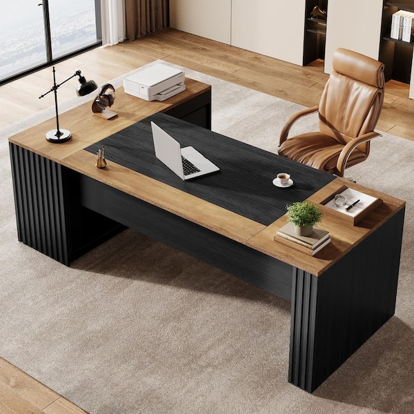 Modern 78.7 in. L Shaped Brown and Black Wood 2-Drawer Computer Desk Executive Desk with File Cabinet and Shelves