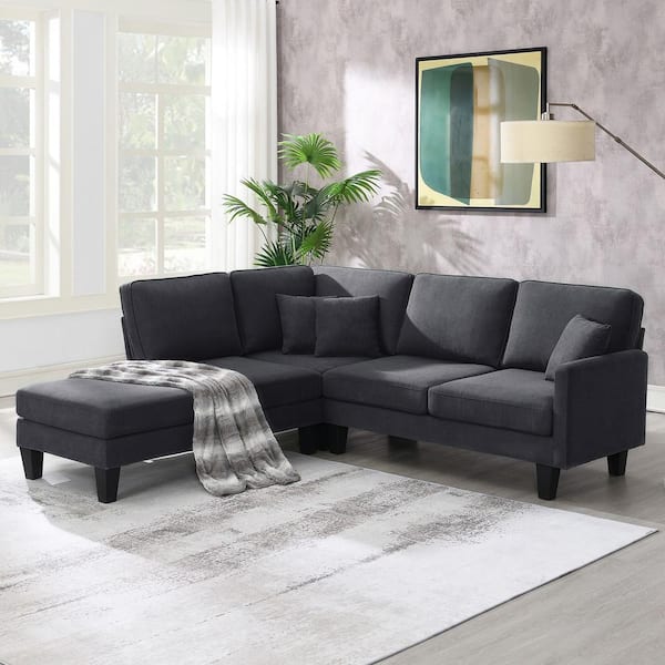 Polibi 90 in. Square Arm Fabric L-Shaped Sofa with Chaise Lounge in Grey