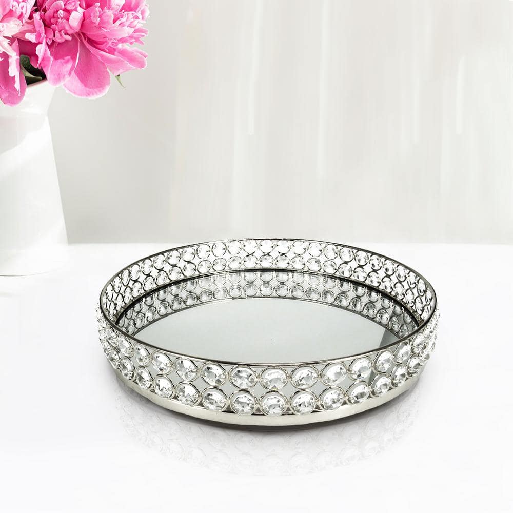 12 in. Silver Luxury Crystal Bead Round Metal Mirror Silver Decorative Tray